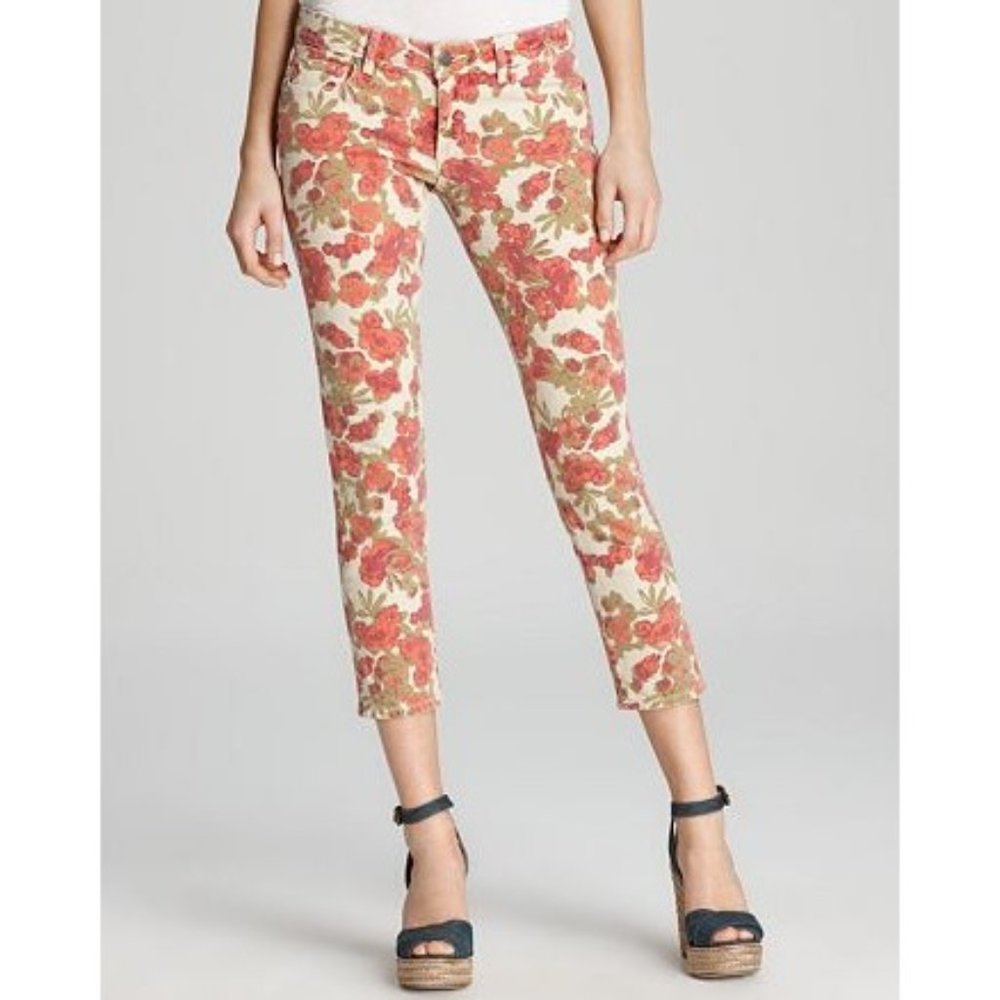 PAIGE Jeans with Red-Orange Floral Pattern
